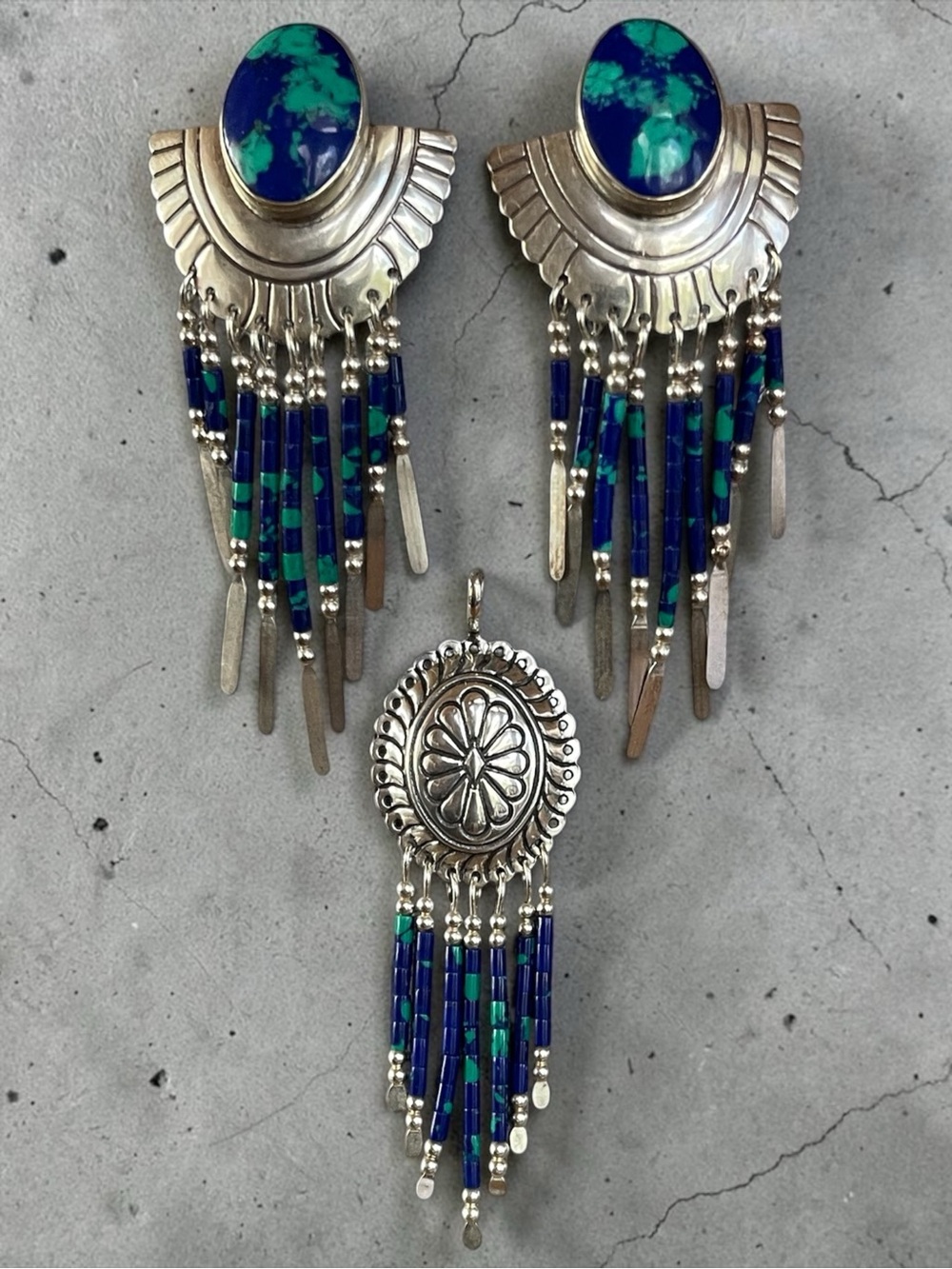 Azurmalachite Sterling Silver Earrings & Concho Pendant Set